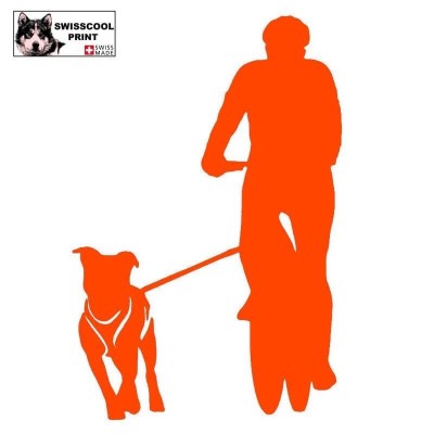Homme pratiquant du canivtt (vélo tout terrain) avec son chien - Vue de face - Autocollant CaniVTT - orange