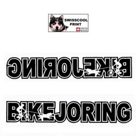 Autocollant lettrage BIKEJORING avec la silhouette d'une personne pratiquant du caniVTT avec son chien - noir