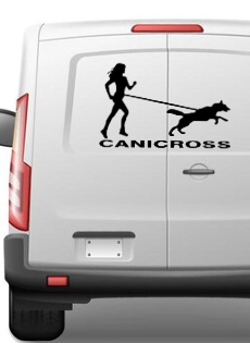 autocollant canicross - femme avec chien nordique et texte canicross - husky - autocollant voiture