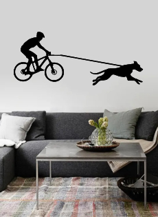 autocollant canivtt - homme en vtt pratiquant du canivtt avec son chien de type husky - autocollant voiture