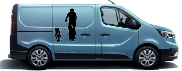 autocollant canivtt - homme en vtt pratiquant du canivtt avec son chien - autocollant voiture