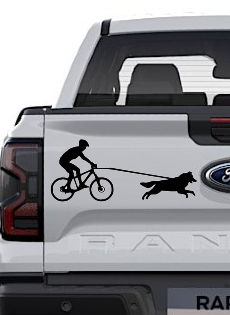 autocollant canivtt - homme en vtt pratiquant du canivtt avec son chien de type husky - autocollant voiture